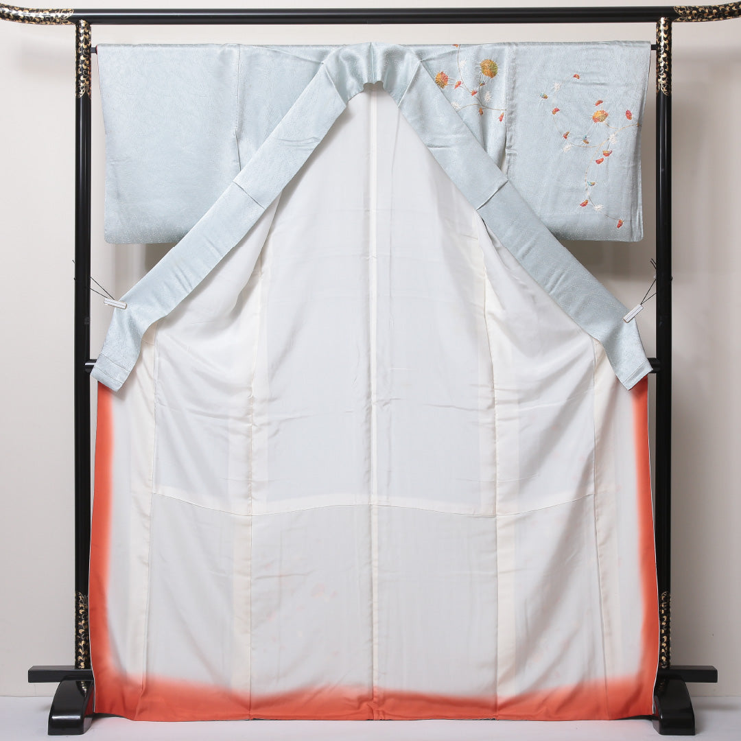 付下げ 袷 身丈170~174cm 裄66.5cm 正絹 部分絞り 草花 水色系 Cランク 1212-00605