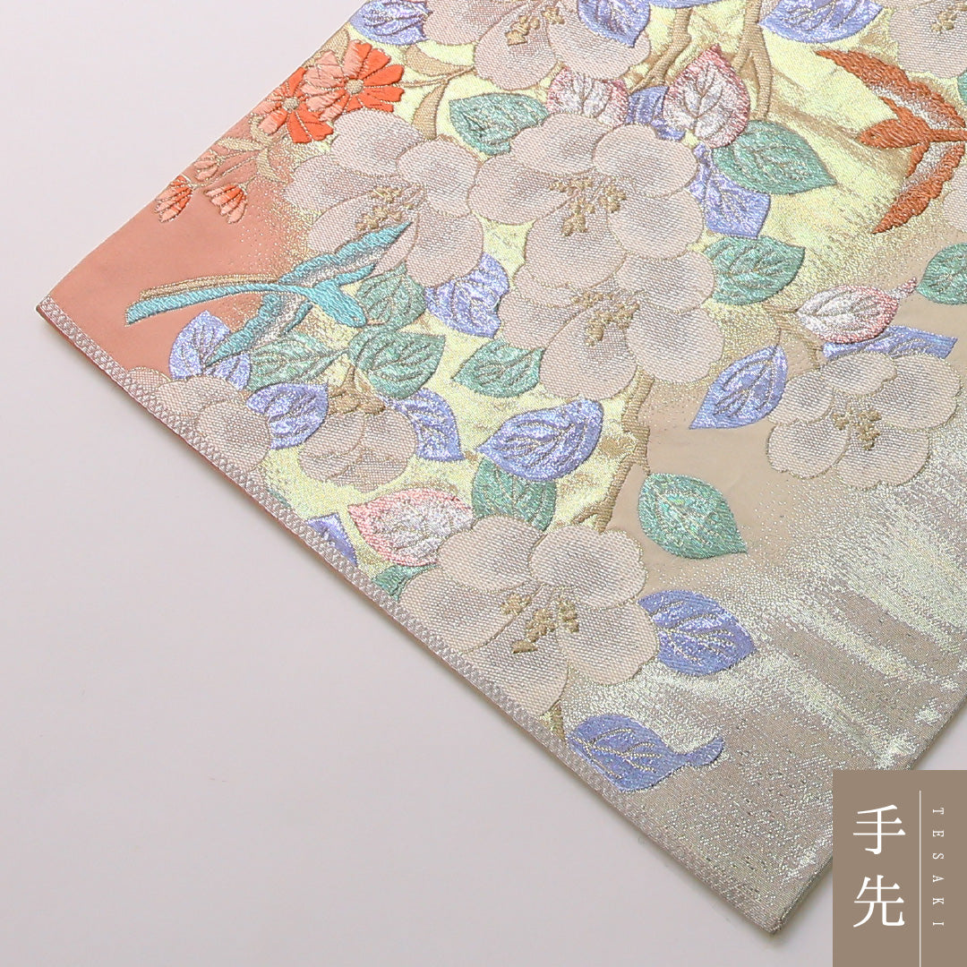 袋帯 帯丈424cm 六通 セミフォーマル Sランク 正絹 椿 写実的 気品 ピンク系 1223-01657