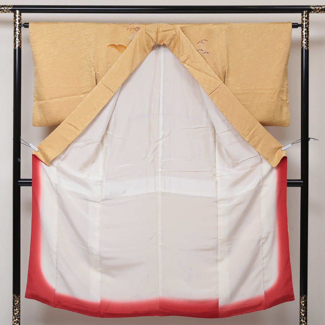 訪問着 袷 身丈148cm 裄丈62cm 正絹 Bランク 紋意匠 (観世水) セミフォーマル 広衿 XSサイズ 絞り 菊 金系 HP 1217-04306