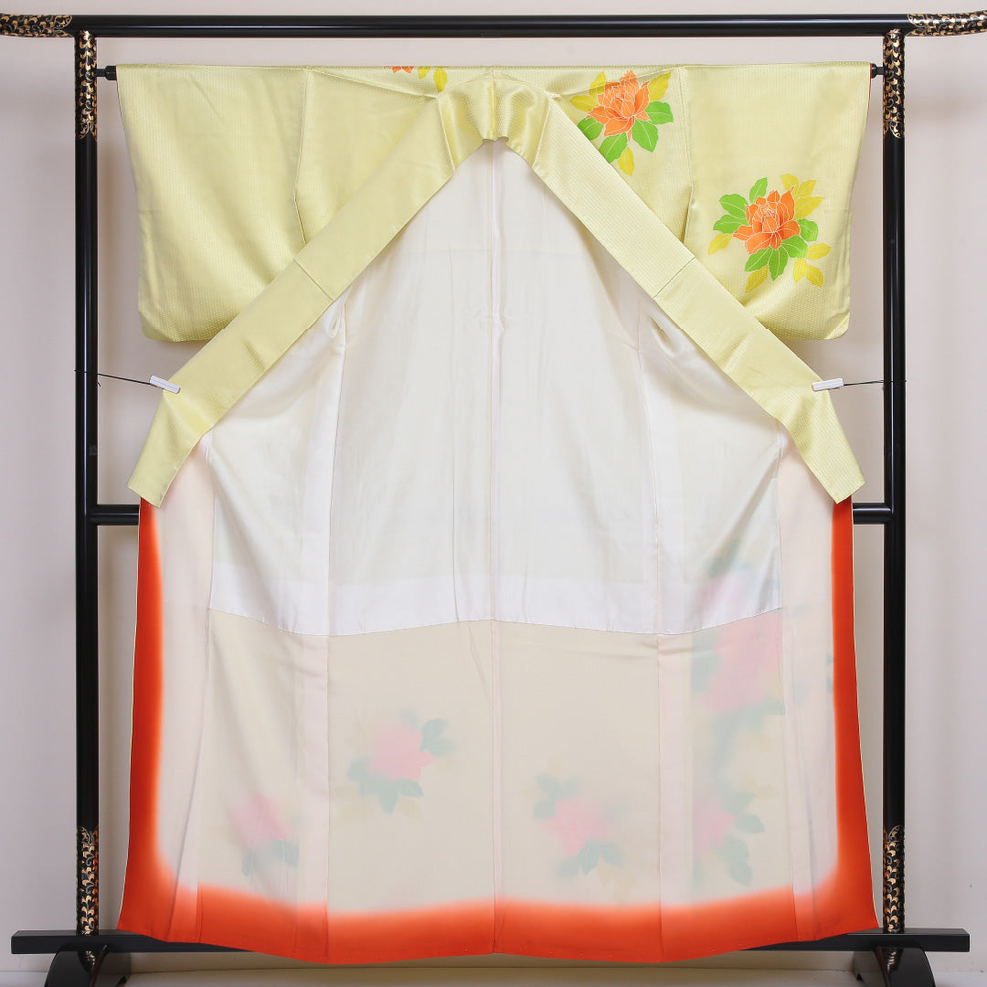 付下げ 袷 身丈162cm 裄丈65cm 正絹 Aランク インフォーマル 広衿 Lサイズ 金彩 牡丹 黄系 RP 1218-04510
