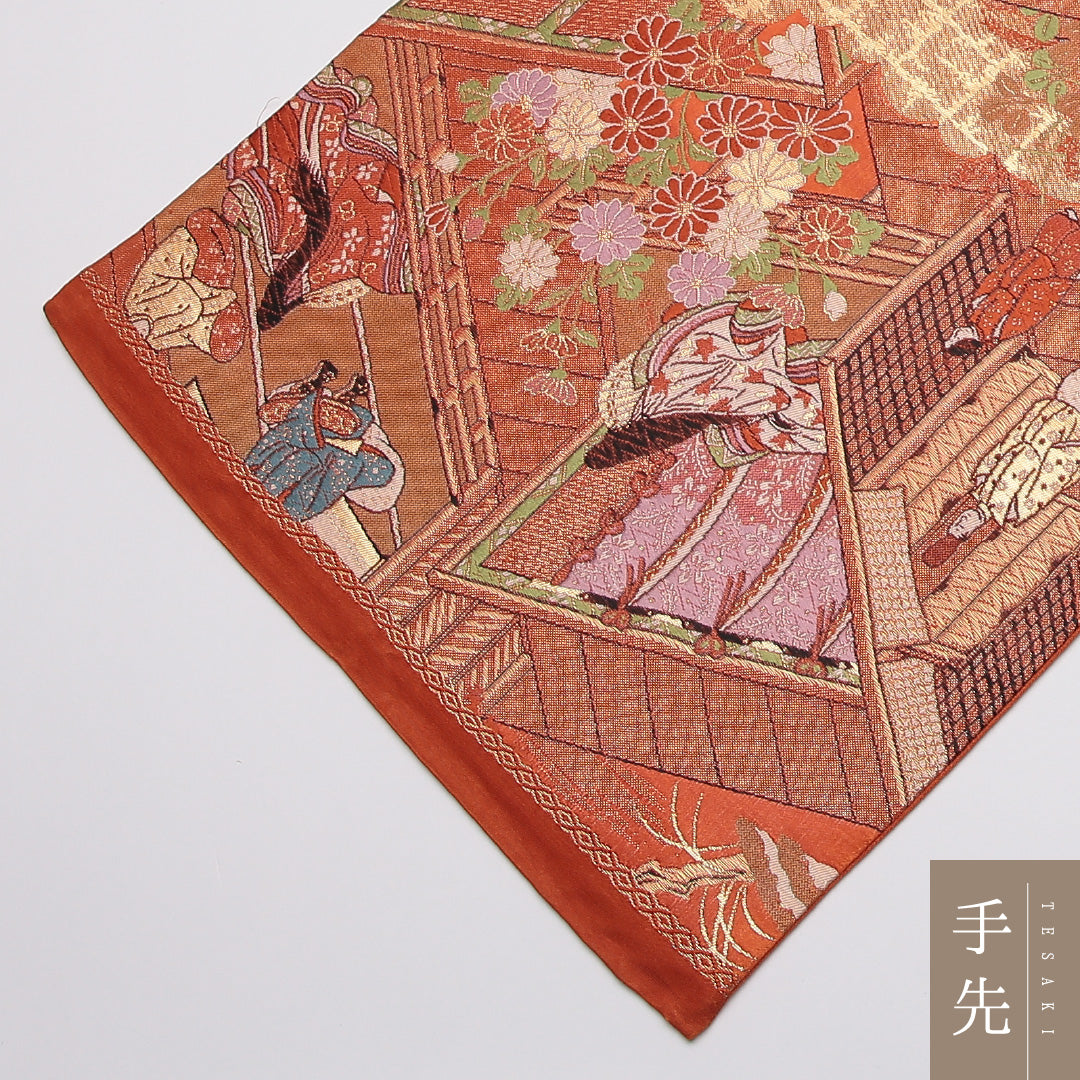袋帯 帯丈420cm 正絹 六通 フォーマル 平安絵巻 雲取り 金系 朱系 1243-01169