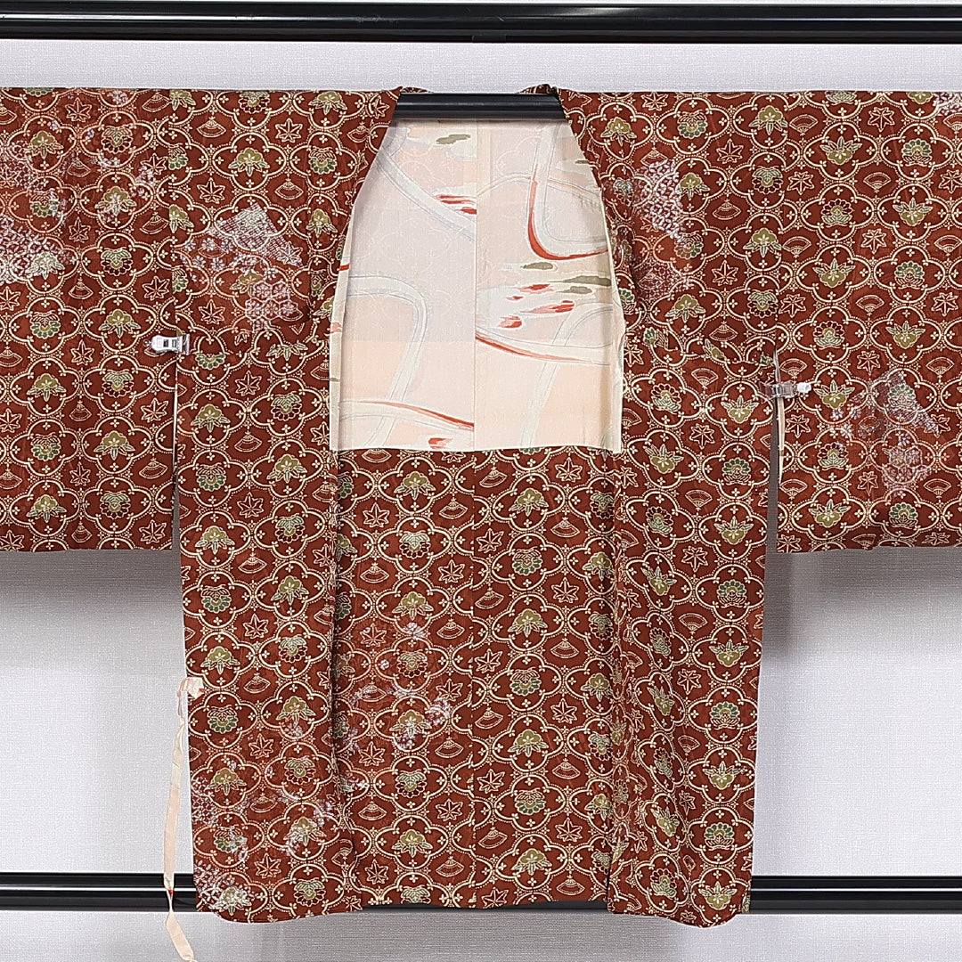 アンティーク 道行コート 袷 身丈79cm 裄丈62cm 正絹 Aランク Sサイズ 紅葉 茶系 RP 1237-10304