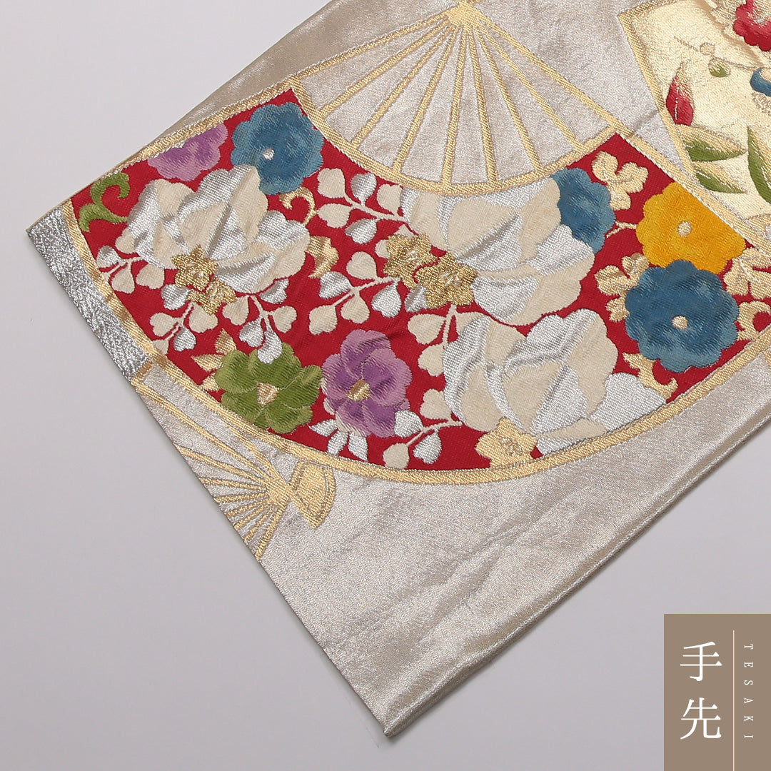 袋帯 帯丈408cm 正絹 全通 帯端のみ未仕立て フォーマル 花扇 銀系 1243-01421