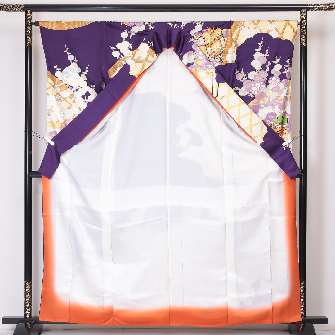 振袖 身丈163cm 裄丈66cm Aランク 袷 正絹 広衿 御所車 吉祥文様 梅 大正ロマン 1213-F0057