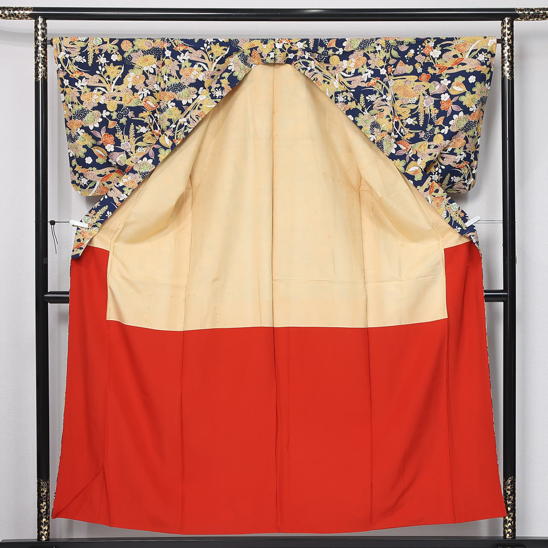 小紋 身丈155cm 裄丈66cm Aランク M 正絹 袷 バチ衿 吉祥文様 花柄 植物柄 京紅型 カジュアル 紺系 1215-12032