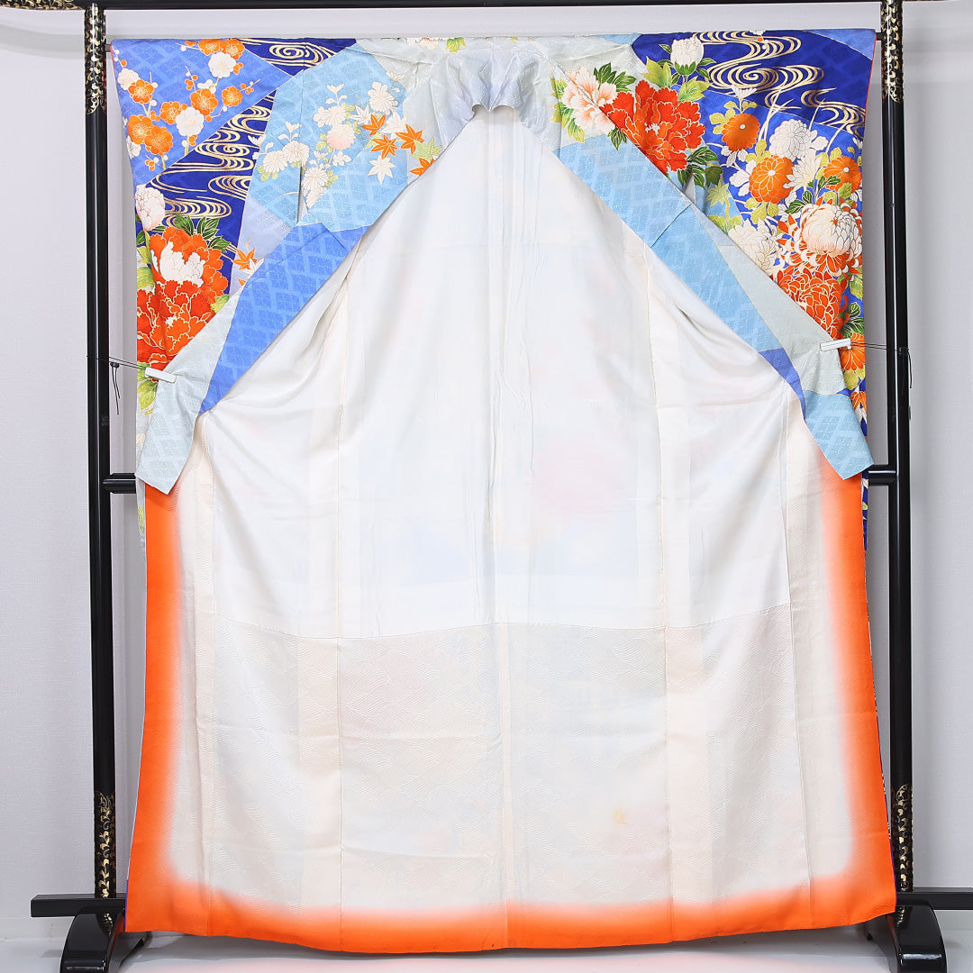 振袖 身丈164cm 裄丈66.5cm Bランク 袷 正絹 M 広衿 観世水 吉祥文様 古典柄 菊 紅葉 楓 牡丹 花柄 青系 1213-F0448
