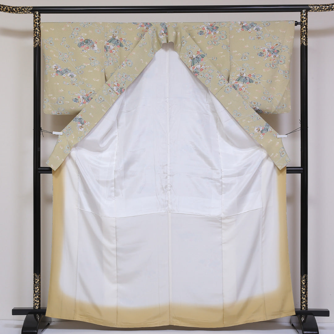 小紋 袷 身丈166cm 裄丈66cm 正絹 Aランク XLサイズ 広衿 インフォーマル ちりめん 梅 松 緑系 茶系 1215-01805