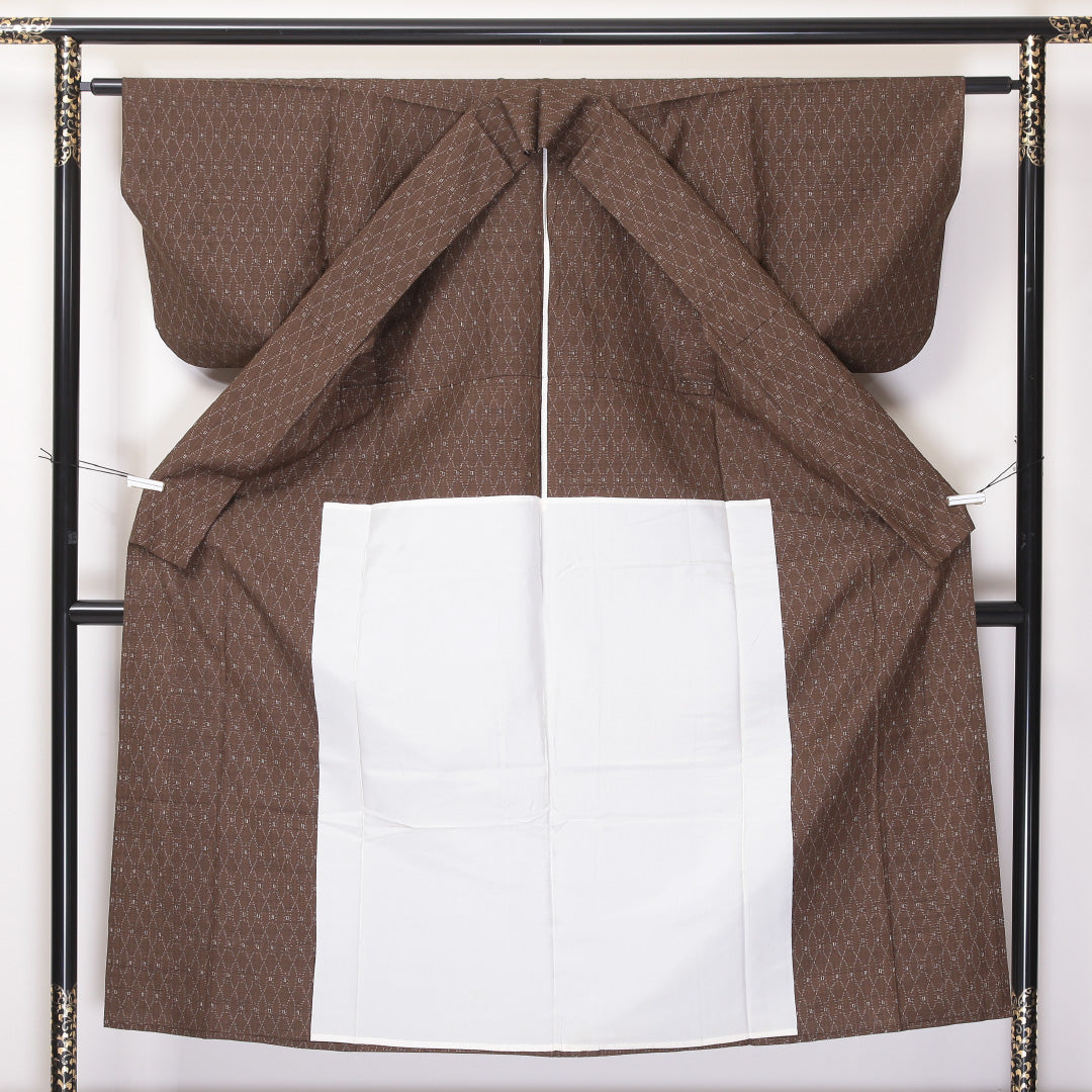 紬 単衣 身丈150cm 裄丈60cm 正絹 Aランク カジュアル 広衿 Sサイズ 居敷当て 立涌 茶系 HP 1223-03627