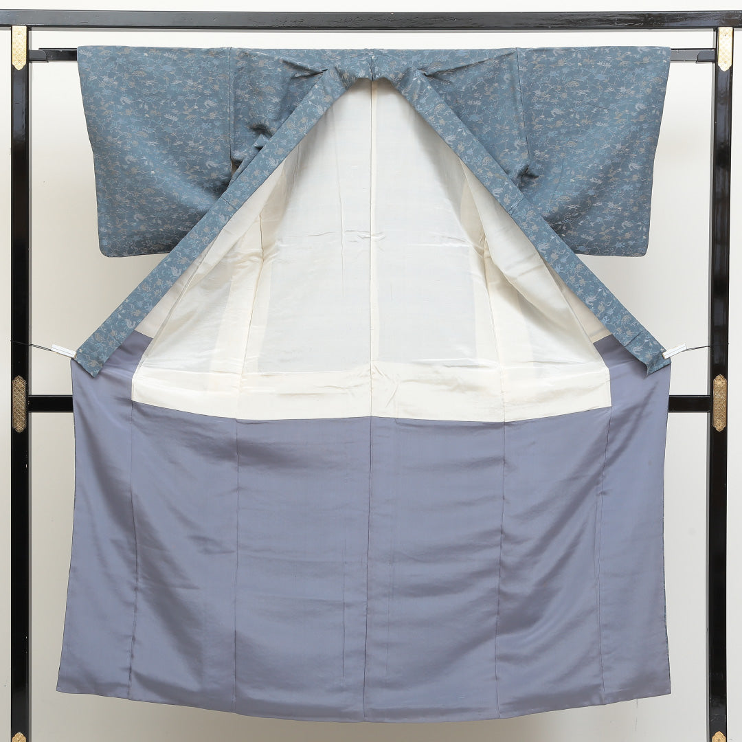 紬 袷 身丈147cm 裄丈63cm 正絹 Aランク XSサイズ 広衿 カジュアル 花鳥風月 青系 1216-02829