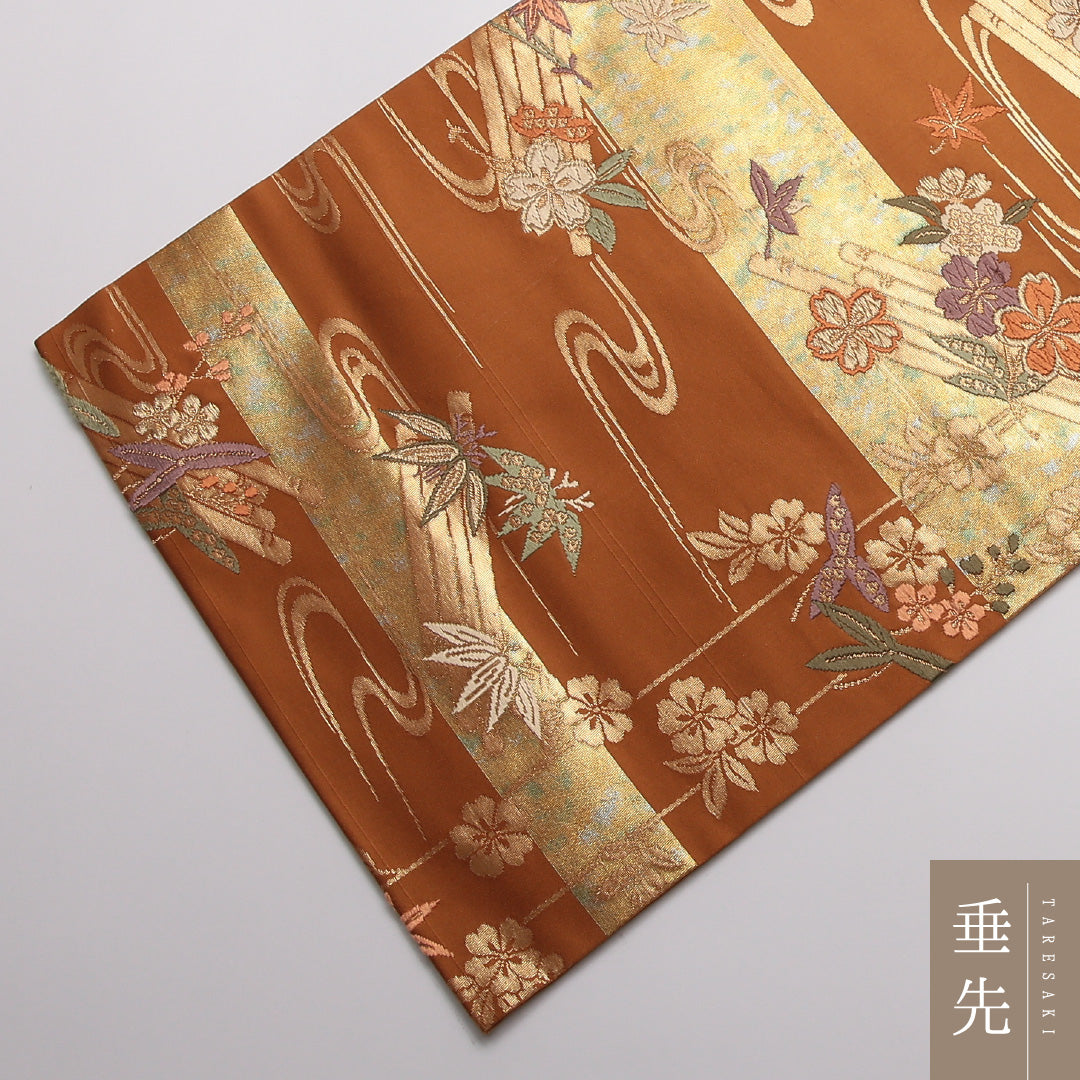 名古屋帯 帯丈359.5cm Sランク 名古屋仕立て 六通 正絹 桜 流水 笹 セミフォーマル 茶系 1224-01768