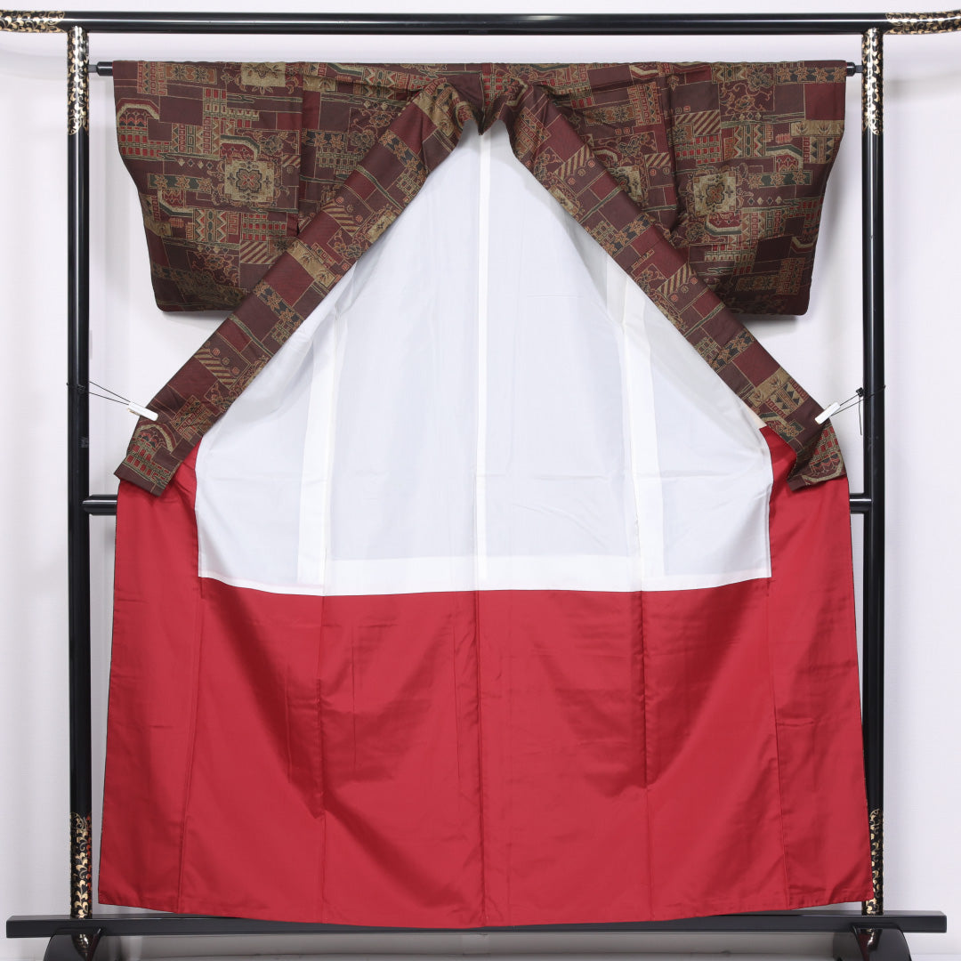 紬 袷 身丈158cm 裄丈64cm 正絹 Aランク カジュアル 広衿 Mサイズ 唐華 茶系 RP 1223-11508