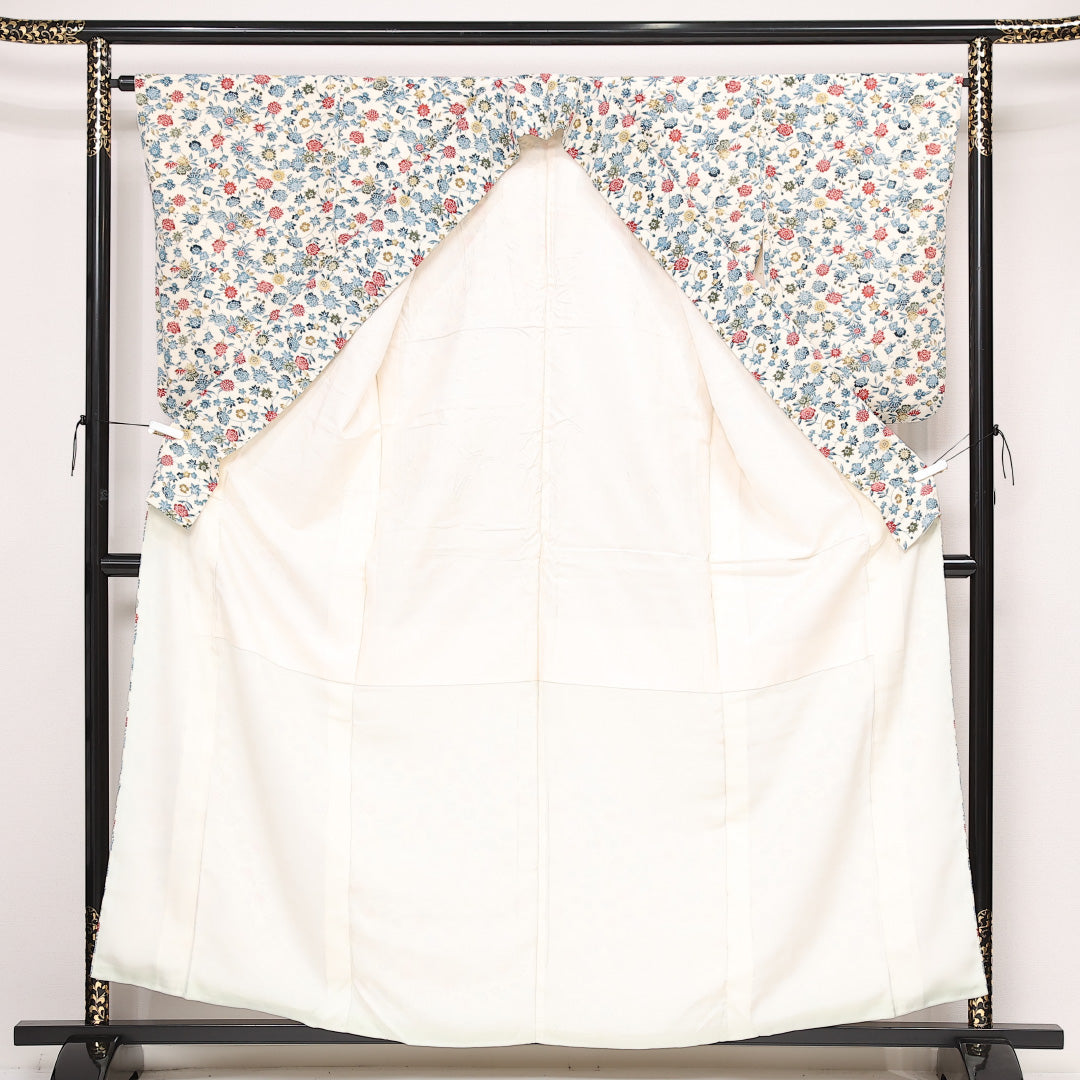 小紋 袷 身丈159cm 裄丈64cm 正絹 Aランク インフォーマル 広衿 Mサイズ 花柄 白系 HP 1221-13391