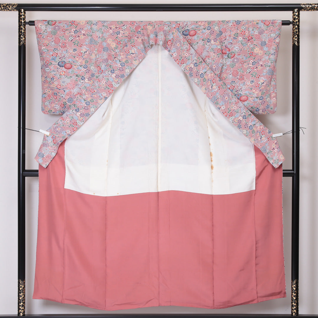 小紋 袷 身丈154cm 裄63cm 正絹 京紅型 ピンク系 Aランク 1215-02136