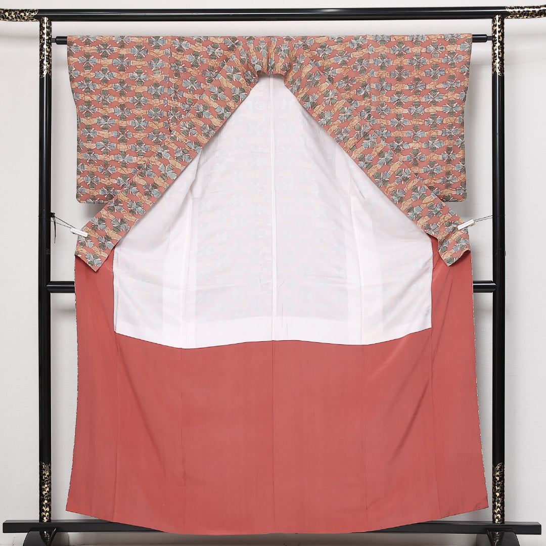 小紋 袷 身丈159cm 裄丈61cm 正絹 Aランク インフォーマル 広衿 Mサイズ 花柄 ピンク系 HP 1221-13629