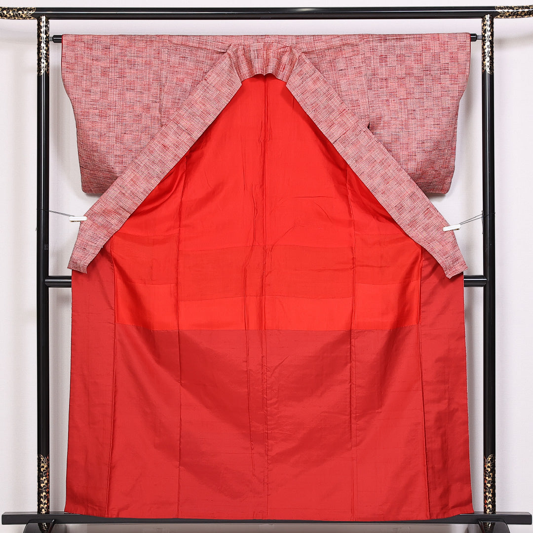真綿紬 袷 身丈160cm 裄丈53cm 正絹 Sランク カジュアル 広衿 Lサイズ 市松 赤系 RP 1223-10126