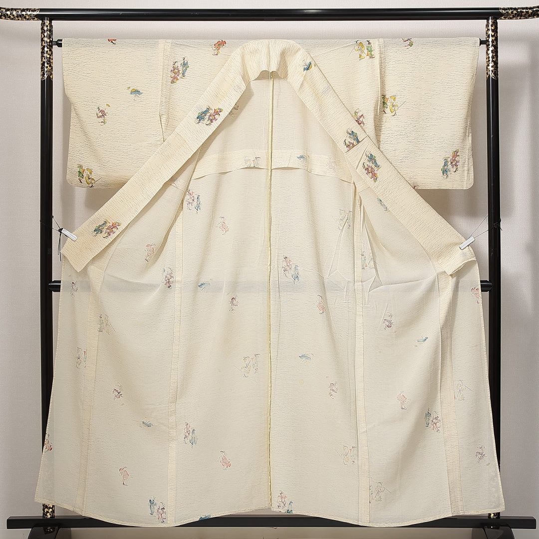 小紋 夏物 絽 身丈156cm 裄丈64cm 正絹 Cランク Mサイズ 広衿 インフォーマル 人物 ベージュ系 1215-14937