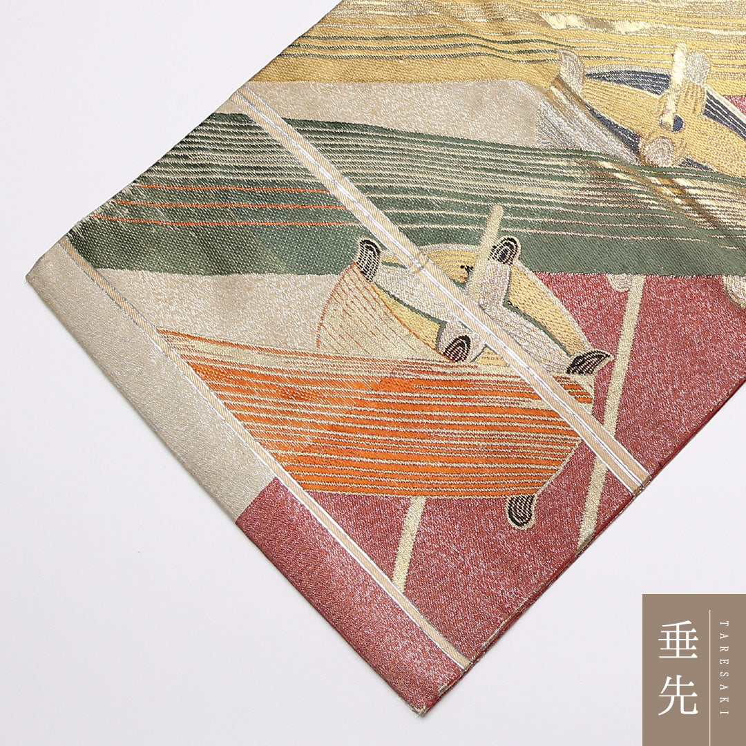 アンティーク 九寸名古屋帯 Cランク 帯丈344cm 正絹 六通 名古屋仕立て 織り 糸巻文 金系 LP 1245-01484