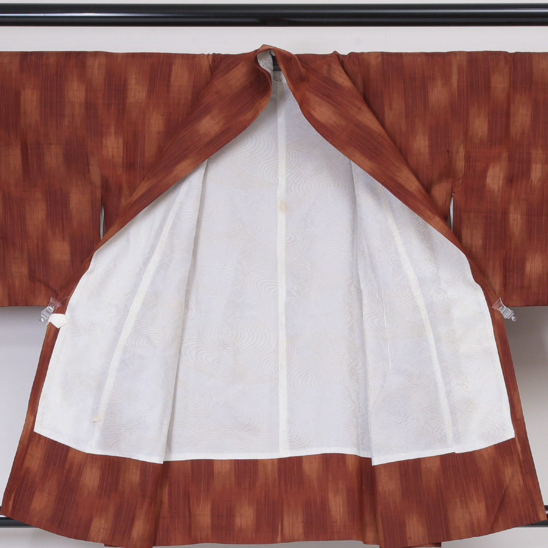 道中着(紬) 袷 身丈83cm 裄丈65cm 正絹 Sランク Mサイズ カジュアル 無地 朱系 1264-05764