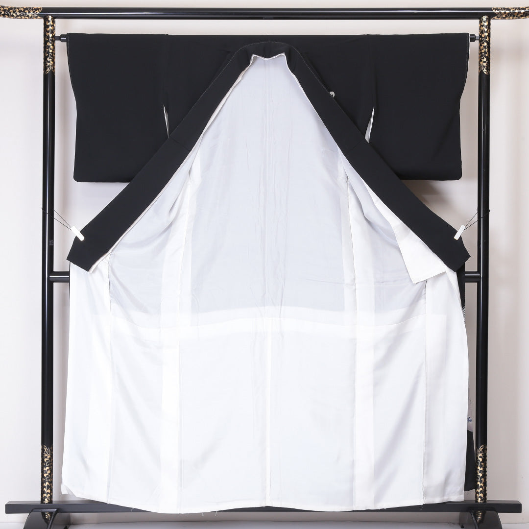 黒留袖 五つ紋 下り藤 身丈158cm 裄丈64cm Sランク 正絹 袷 比翼 広衿 M 京友禅 松 フォーマル 黒系 1211-F0215