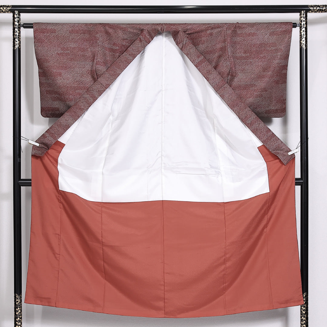 小紋 袷 身丈153cm 裄丈62cm 正絹 Sランク インフォーマル バチ衿 Sサイズ エ霞 赤系 RP 1221-02476