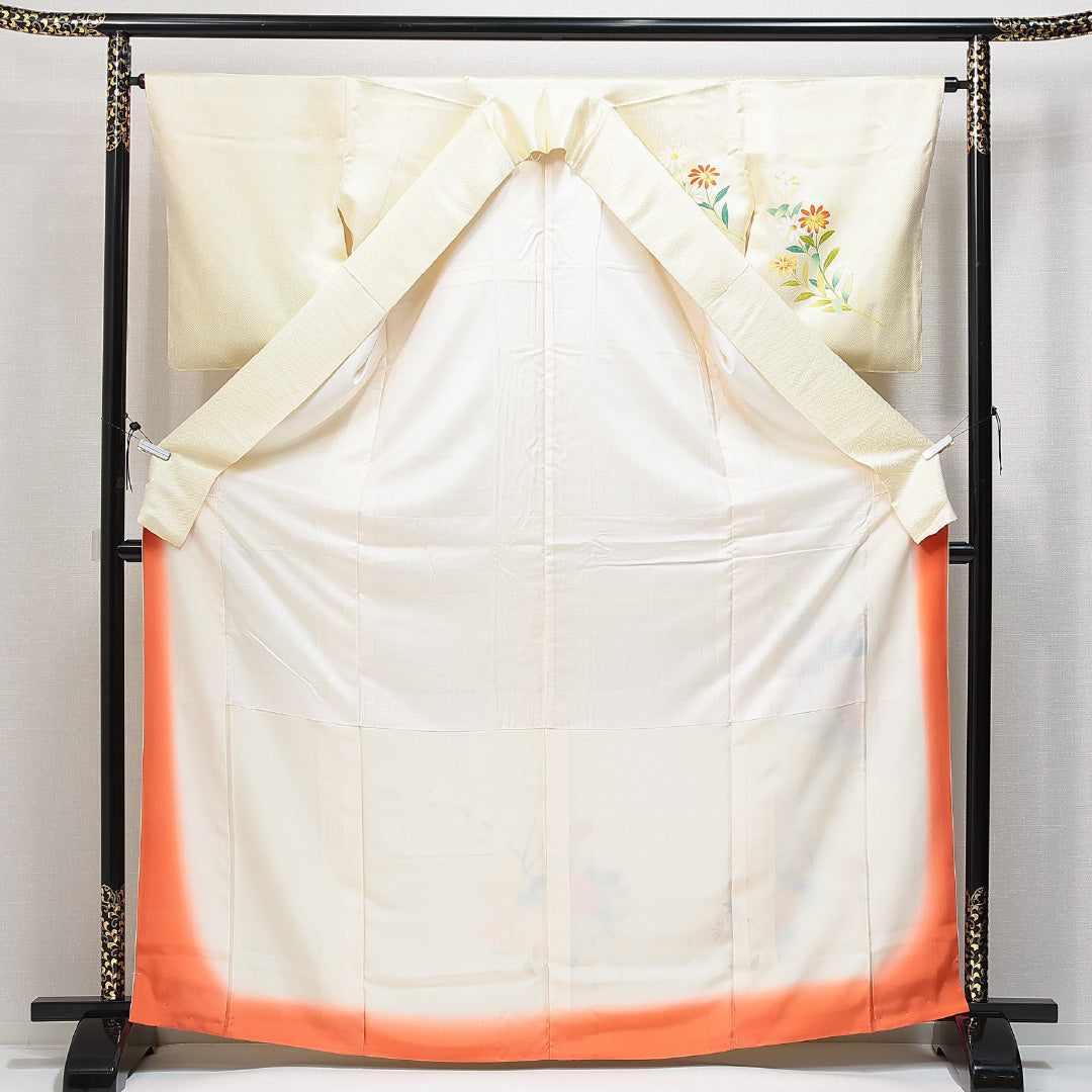 付下げ 袷 身丈166cm 裄丈62cm 正絹 Aランク XLサイズ 広衿 インフォーマル 紋意匠 紗綾型 牡丹 黄系 1261-14867