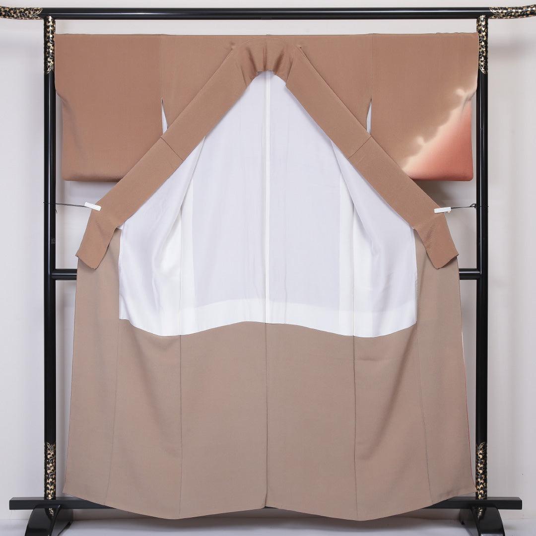 訪問着 袷 身丈160~164cm 裄69cm 正絹 一つ紋 蔦 茶系 ちりめん Sランク 1212-00563