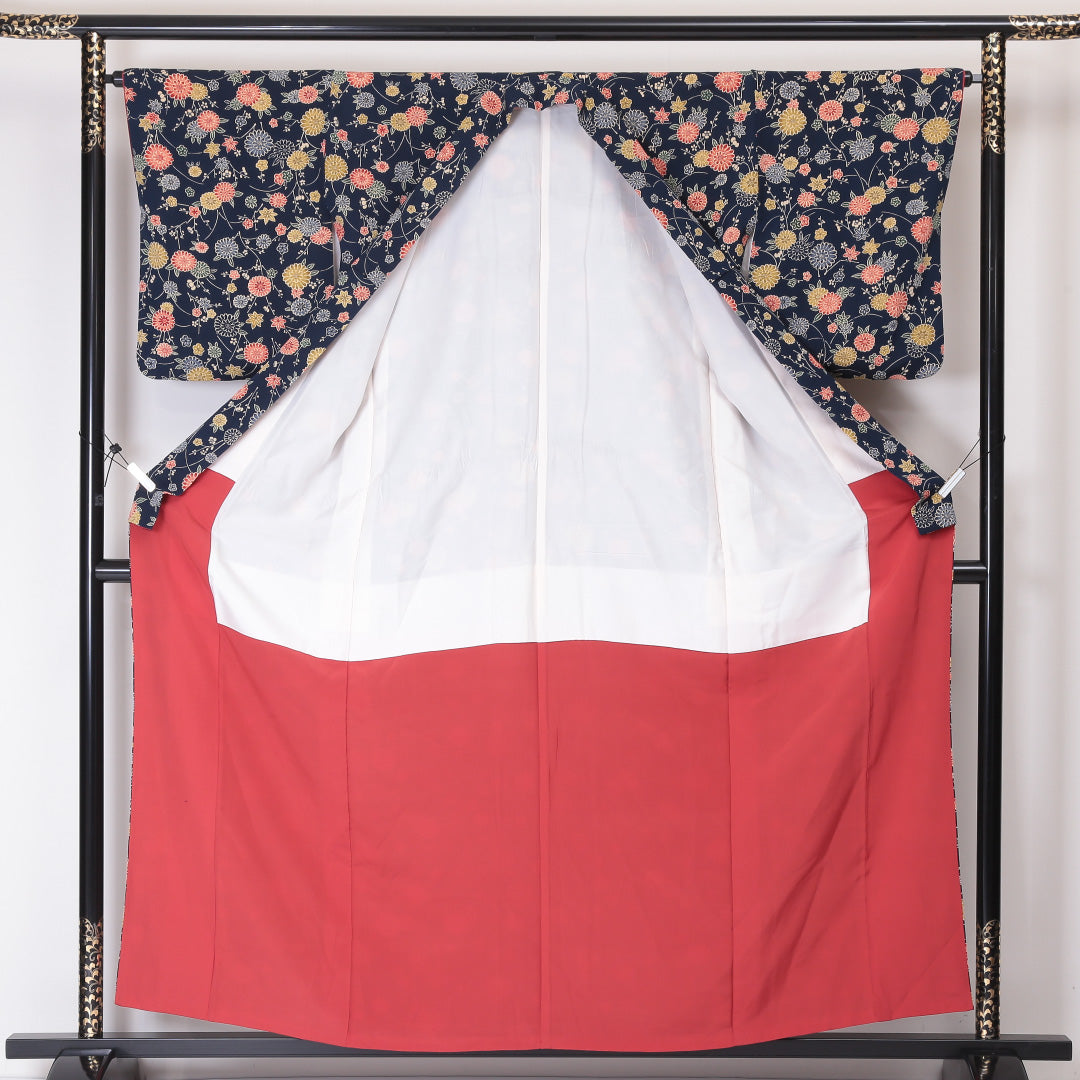 小紋 袷 身丈157cm 裄丈65cm 正絹 Sランク インフォーマル バチ衿 Mサイズ 菊 紅葉 紺系 RP 1221-02059