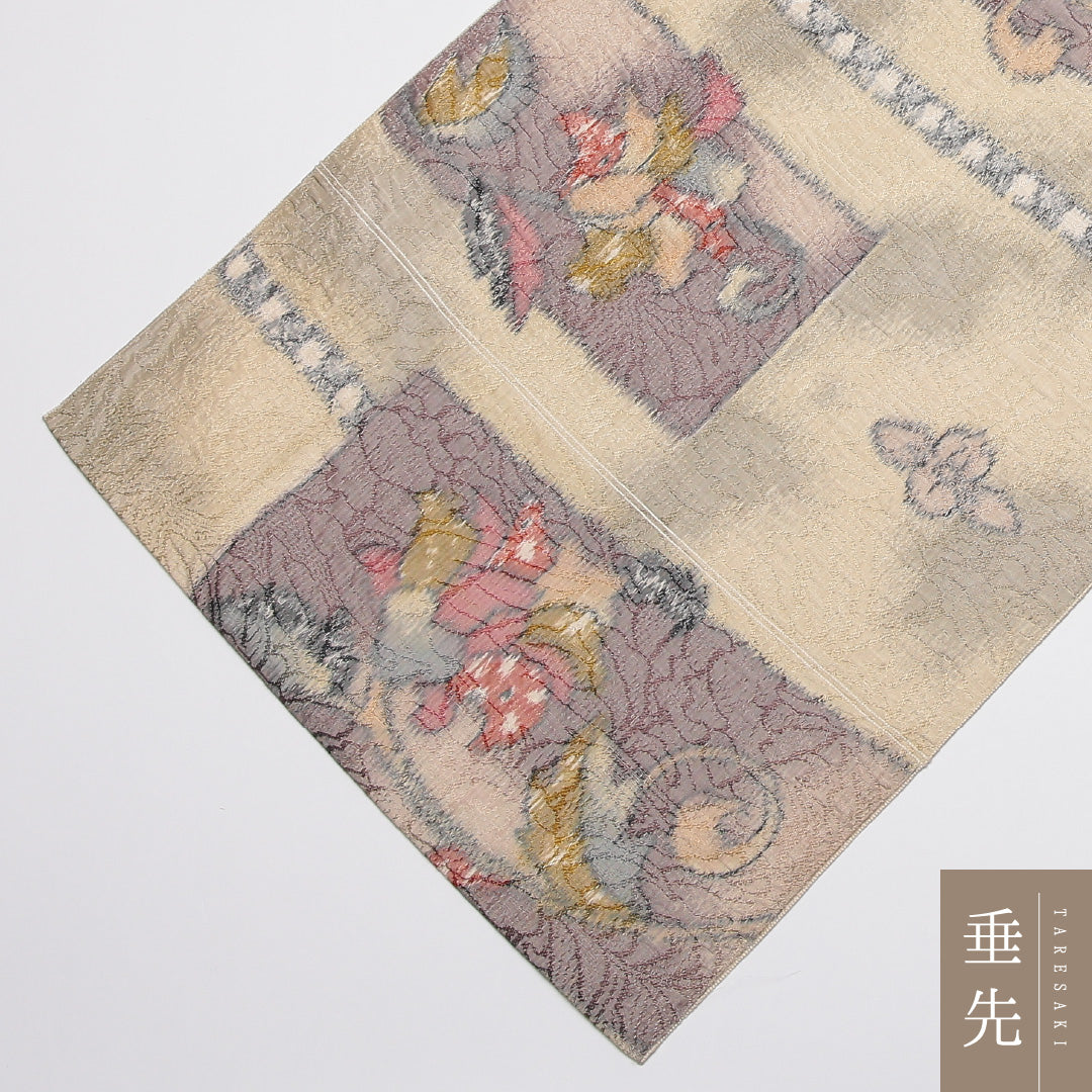 名古屋帯 帯丈348cm Sランク 名古屋仕立て 六通 ポリエステル 唐花 カジュアル ベージュ系 1224-01598