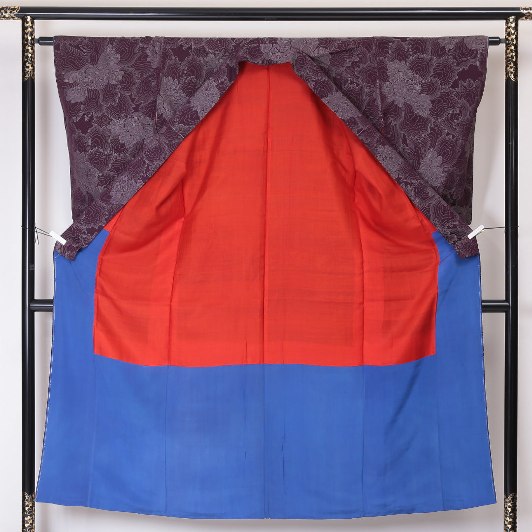 アンティークお召 袷 身丈145cm 裄62cm 正絹 ボタニカル 紫系 Bランク 1216-00899