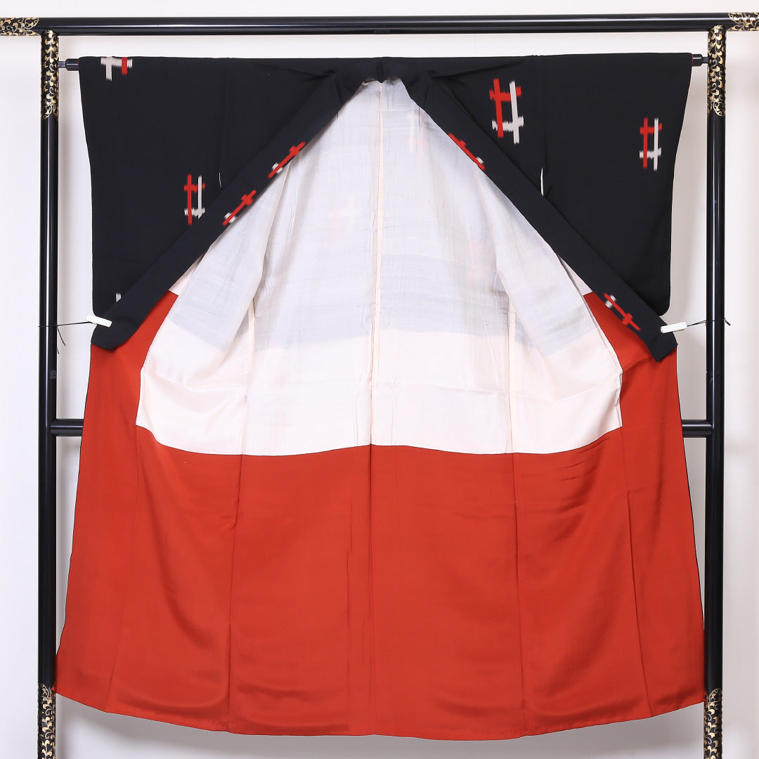 お召 袷 身丈149cm 裄丈63cm 正絹 Bランク XSサイズ バチ衿 インフォーマル 井絣 黒系 1265-01930