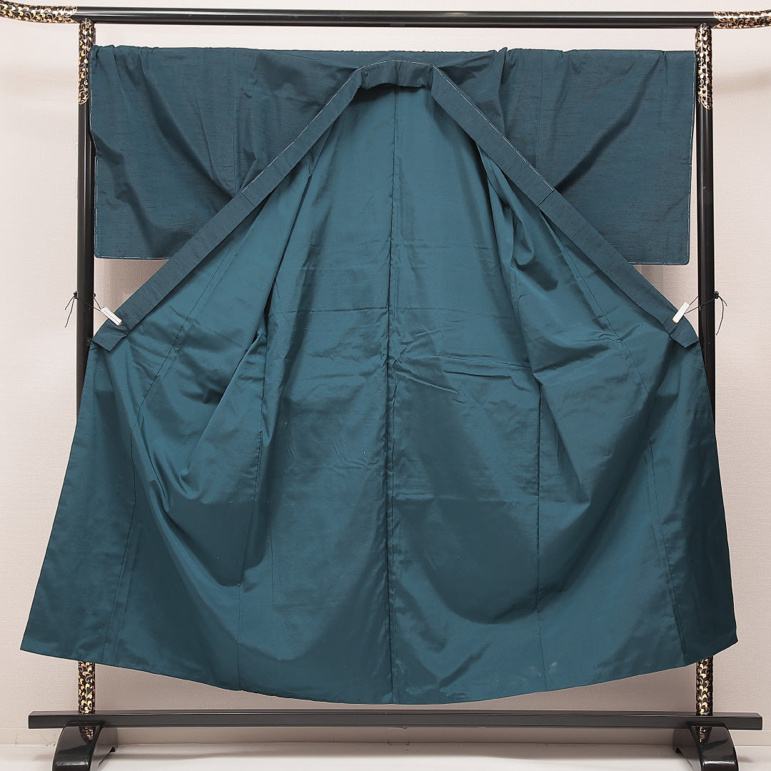 男着物 袷 身丈154cm 裄丈73cm 正絹 Sランク カジュアル 棒衿 XLサイズ 無地 青系 M4 1224-16921