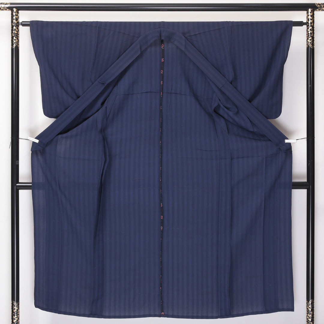 夏物 小紋 紗 身丈150cm 裄丈62cm 正絹 Cランク インフォーマル バチ衿 Sサイズ 縞 紫系 LP 1221-02161