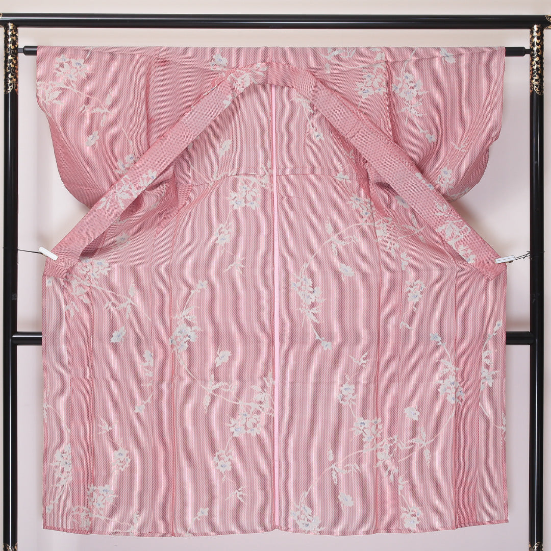 紬 夏紬 身丈140cm 裄62cm 正絹 ボタニカル 赤系 Bランク 1216-00976