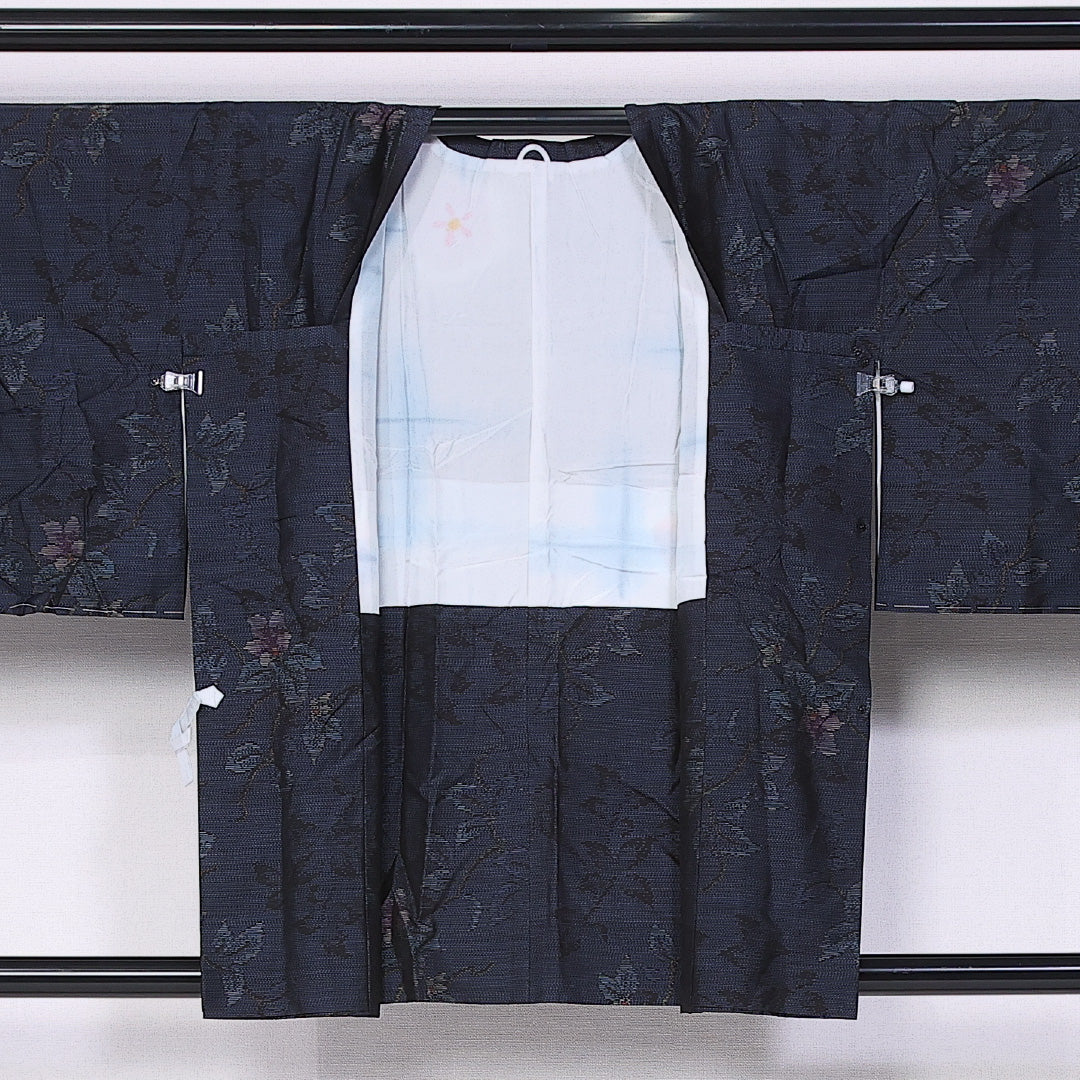 道行コート (大島紬) 袷 身丈82cm 裄丈64cm 正絹 Sランク インフォーマル Mサイズ 花柄 紺系 RP 1237-10798