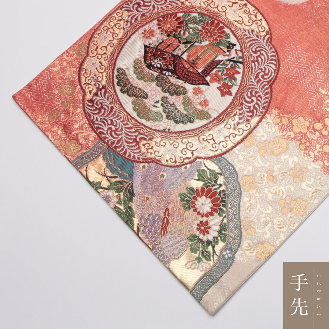 袋帯 帯丈428cm 正絹 六通 鏡裏花鳥文 フォーマル 鏡裏文 花鳥文 ピンク系 1243-01137