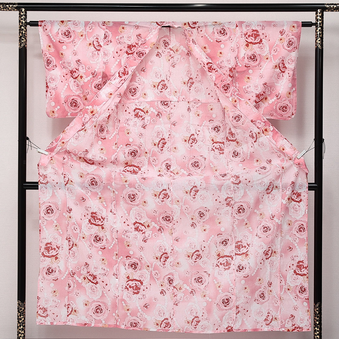 浴衣 夏物 洗える着物 身丈160cm 裄丈62cm Sランク 木綿 バチ衿 Lサイズ カジュアル 薔薇 華やか 軽やか ピンク系 1218-14186