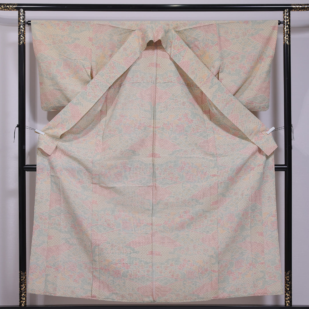 小紋 単衣 身丈155cm 裄丈64cm 正絹 Cランク インフォーマル 広衿 Mサイズ 花園 ベージュ系 LP 1221-11778