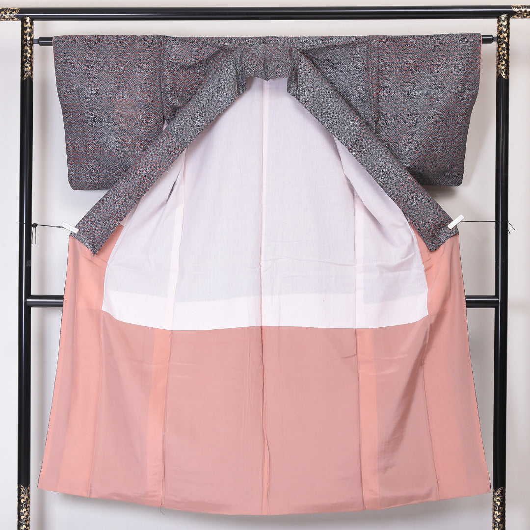 小紋 袷 身丈146cm 裄丈63cm 正絹 Sランク XSサイズ 広衿 インフォーマル 織り出し 笹 黒系 銀系 1215-02042