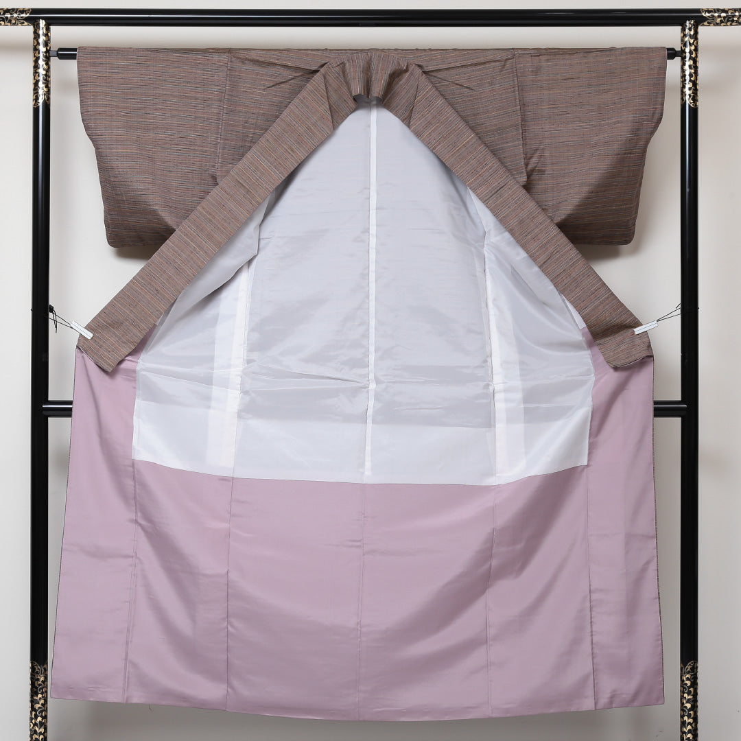 紬 袷 身丈153cm 裄丈63cm 正絹 Sランク カジュアル 広衿 Sサイズ 縞 茶系 RP 1223-03087
