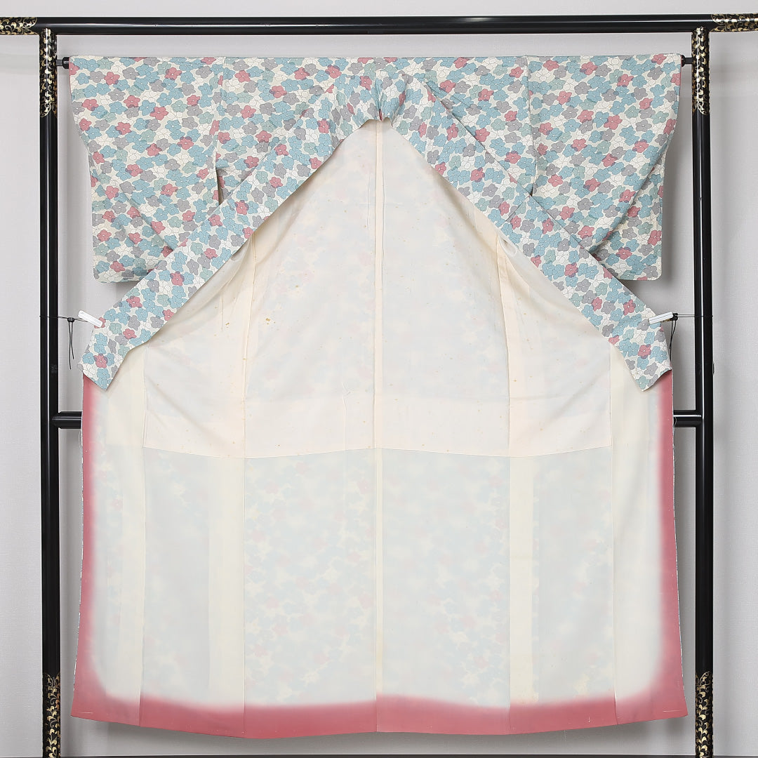 小紋 身丈151cm 裄丈65cm Cランク S 正絹 袷 広衿 花柄 カジュアル ベージュ系 1215-12480