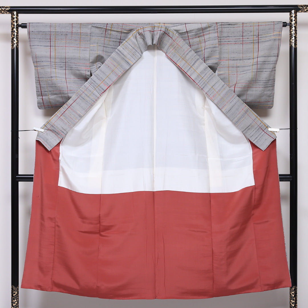 紬 袷 身丈146cm 裄63.5cm 正絹 グレー系 Sランク 格子 1216-00669-2122