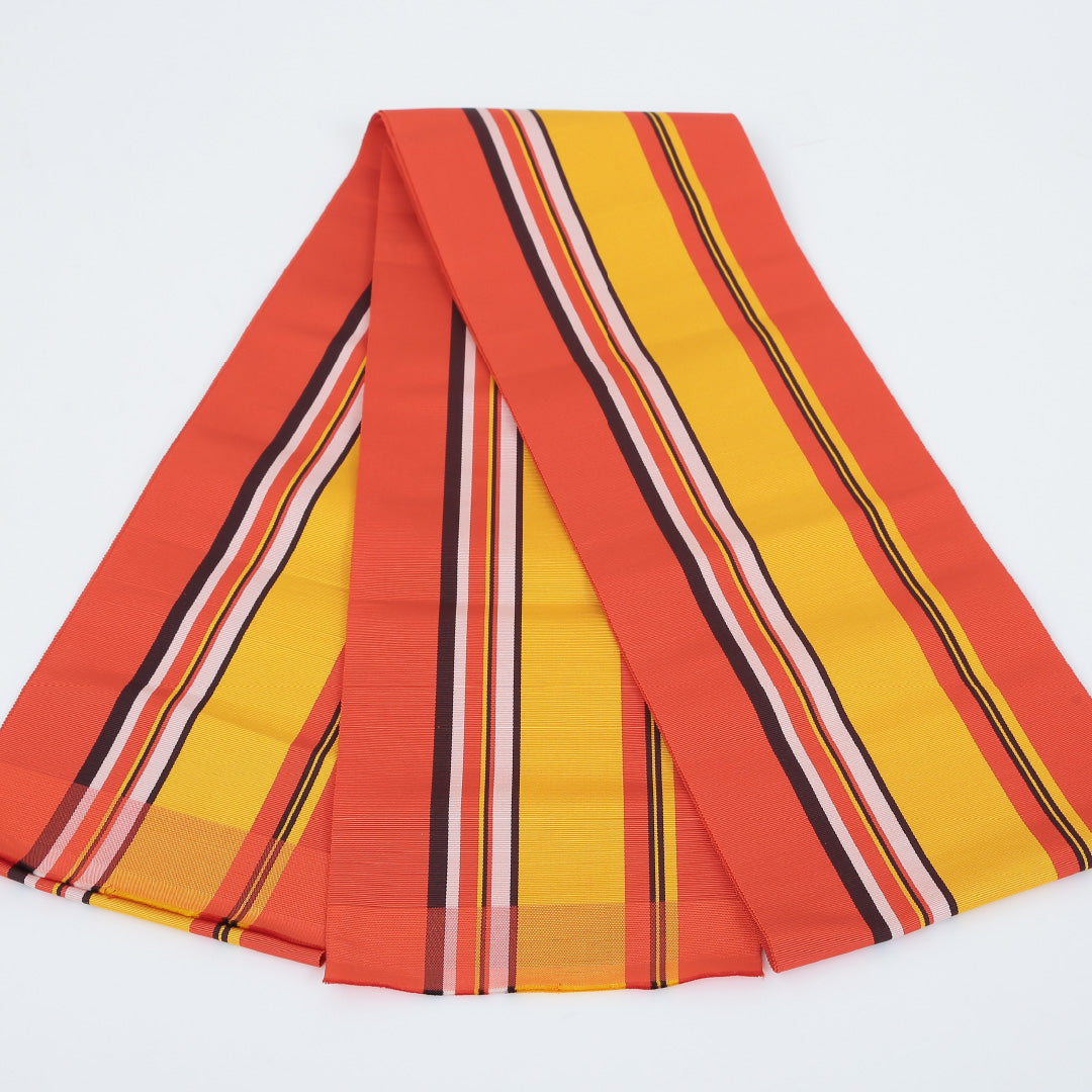 本場筑前 半幅帯 帯丈358cm 矢鱈縞 正絹 単衣帯 全通 仕立て上がり カジュアル Sランク 朱系 1225000055216