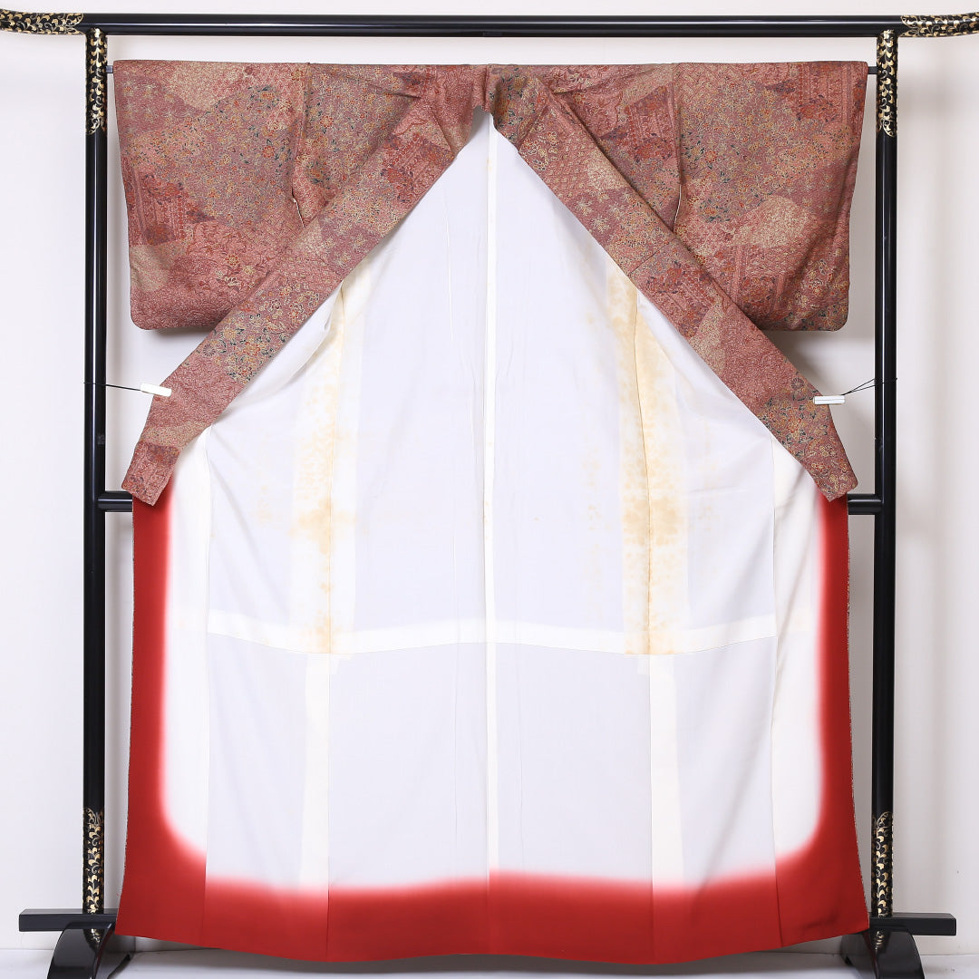 小紋 (錦紗) 袷 身丈165cm 裄丈66cm 正絹 Aランク 広衿 XLサイズ 更紗 茶系 SR 1221-01910