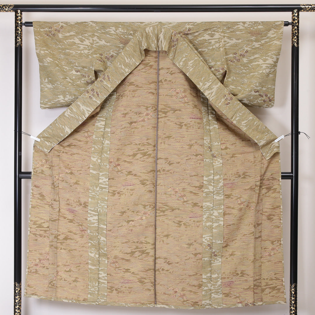洗える着物 紬 単衣 身丈153cm 裄丈62cm ポリエステル Sランク カジュアル 広衿 Sサイズ 茶屋辻 ベージュ系 RP 1223-03393
