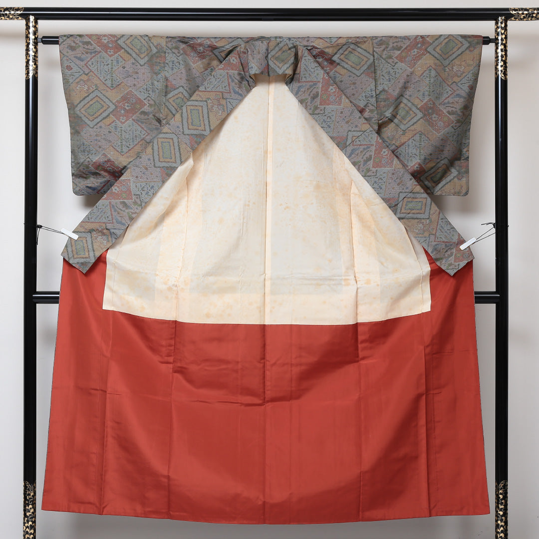 大島紬 袷 身丈153cm 裄62.5cm 正絹 グレー系 Aランク 1216-00552
