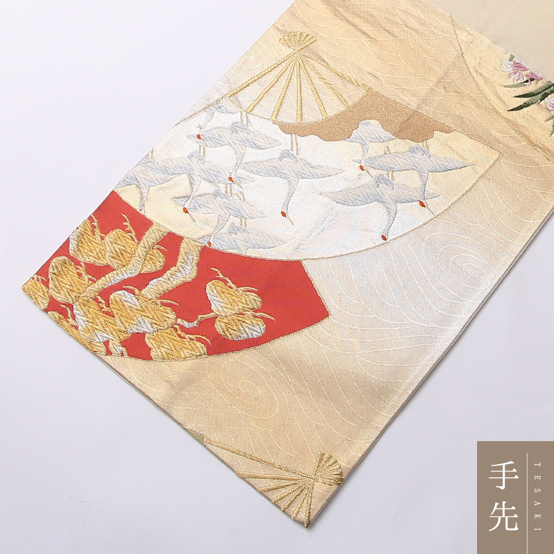 袋帯 帯丈424cm 正絹 六通 フォーマル 更紗 花扇 松鶴 八橋 金系 1243-01438