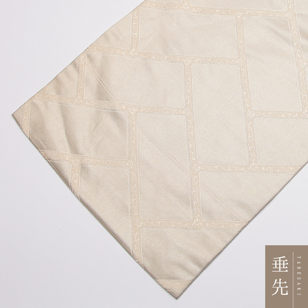 名古屋帯 帯丈344cm Cランク 名古屋仕立て ポイント柄 正絹 菊 紅葉 セミフォーマル クリーム系 1224-01599