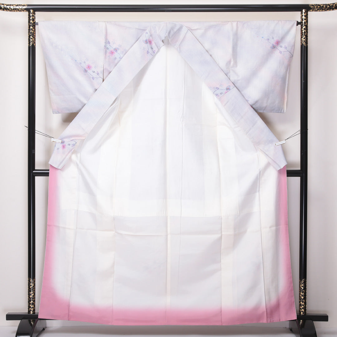 紬 袷 身丈163cm 裄66cm 正絹 花柄 ぼかし 白系 Cランク 1216-01122