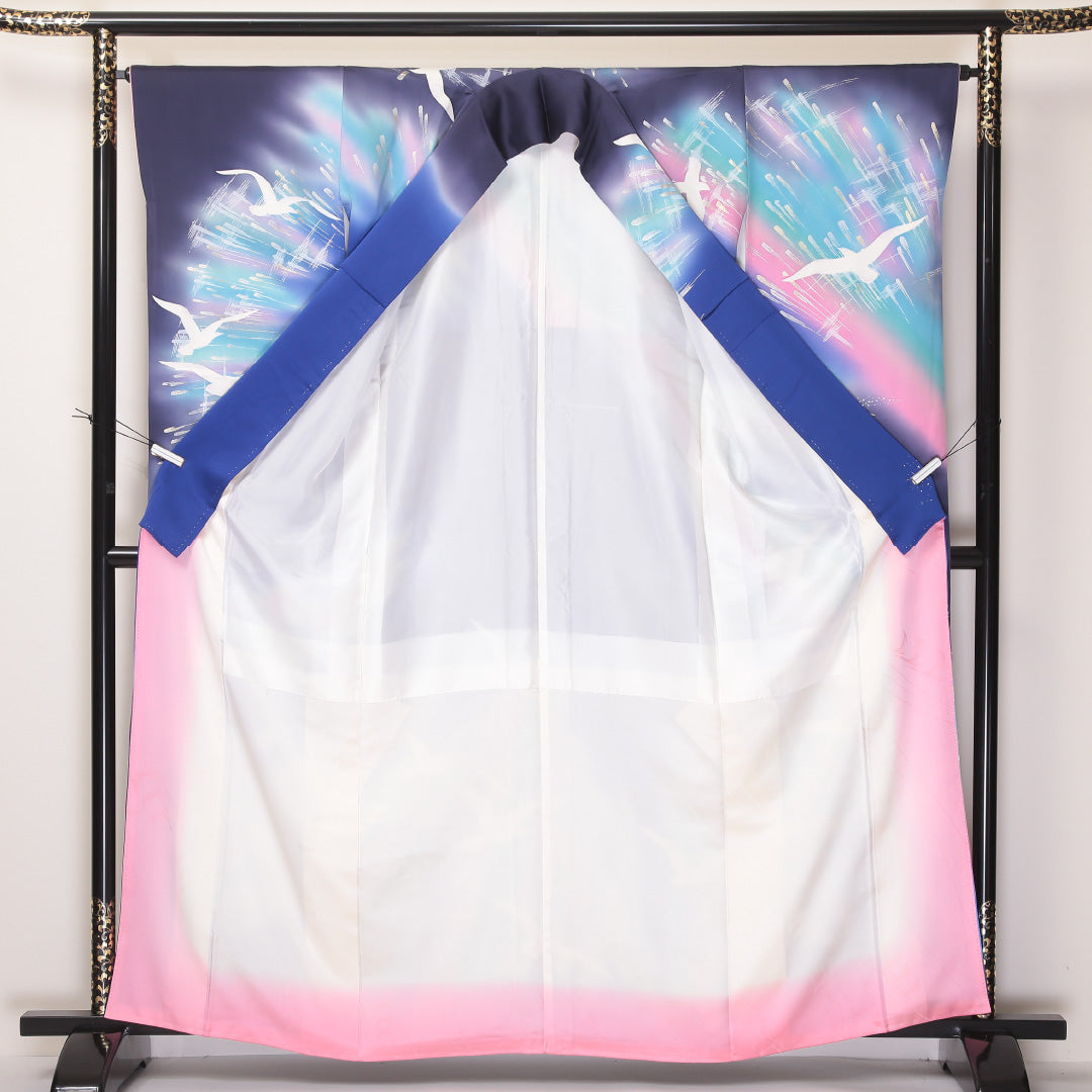 振袖 身丈162cm 裄丈65cm Aランク 袷 正絹 広衿 金彩 尾長鳥 モダン 1213-F0069