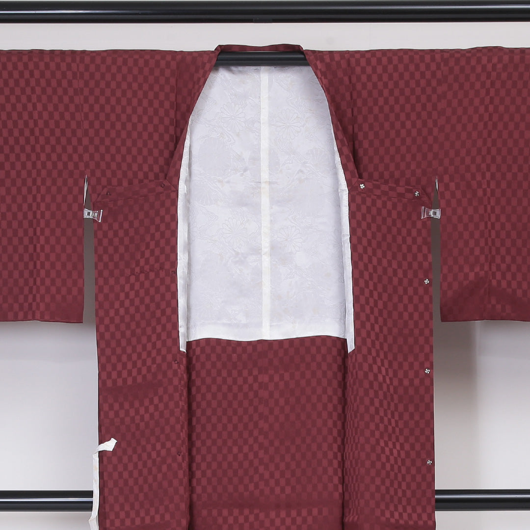 道行コート 袷 身丈100cm 裄丈64cm 正絹 Sランク 紋意匠 (市松) セミフォーマル Mサイズ 茶系 RP 1237-05803